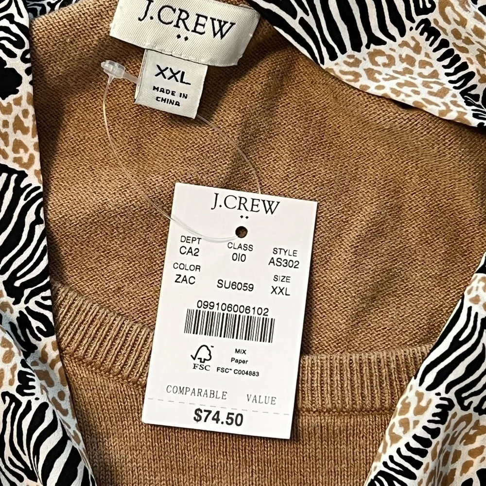 J. Crew Camel Brown Sweater with Zebra Print Attached Scarf new with tags